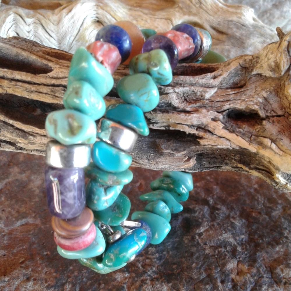 Sterling Silver Chunky Turquoise Wrap Charms Bracelet